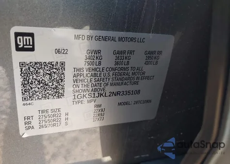 2022 GMC Yukon Xl 2Wd Denali из США, поврежденный, VIN 1GKS1JKL2NR335108